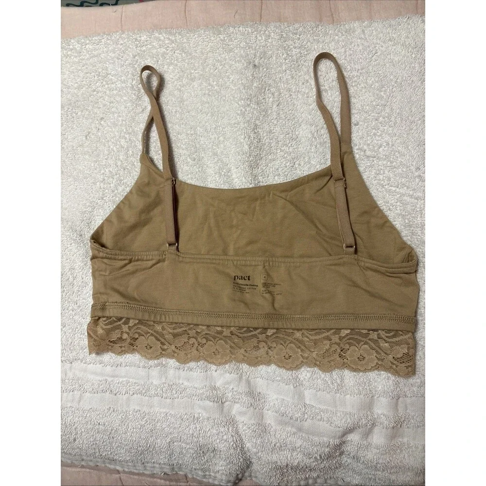 Pact Women's Organic Sustainable Cotton Lace Trim Bralette Beige Nude Comfy Sz M